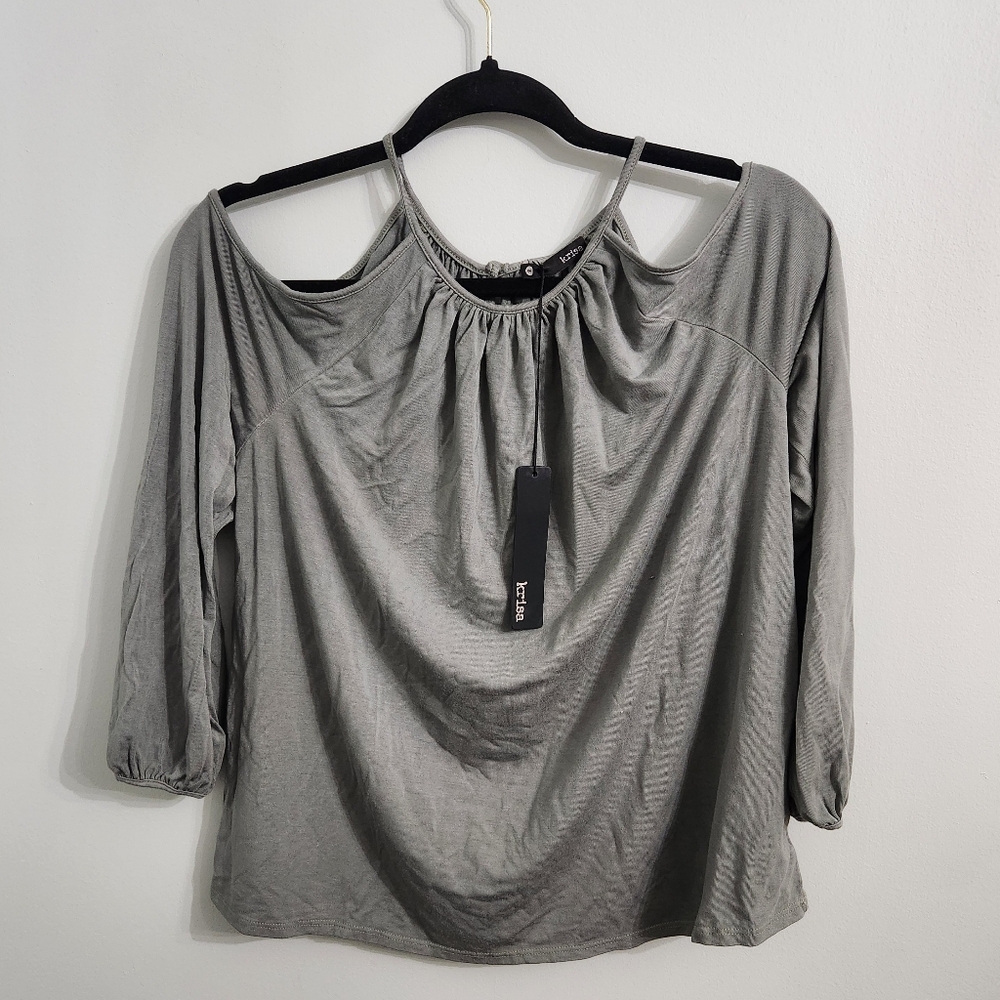 Krisa Gray Cold Shoulder Top Medium | Made in USA | Modal Blend Soft Stretchy